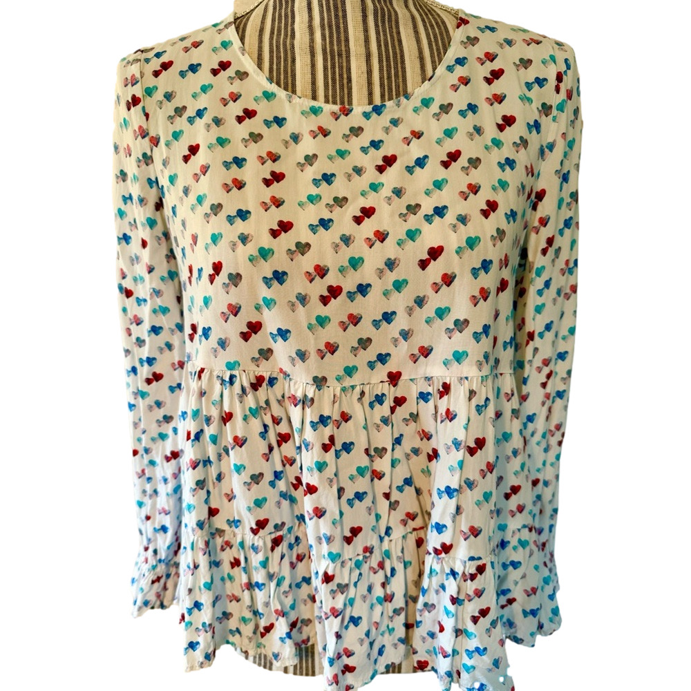 Jane & Delancey baby doll top white with multi colored hearts size small